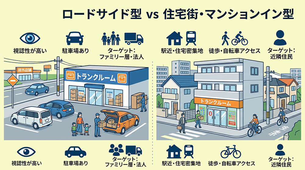 ロードサイドvs住宅地。タイプ別のトランクルーム商圏